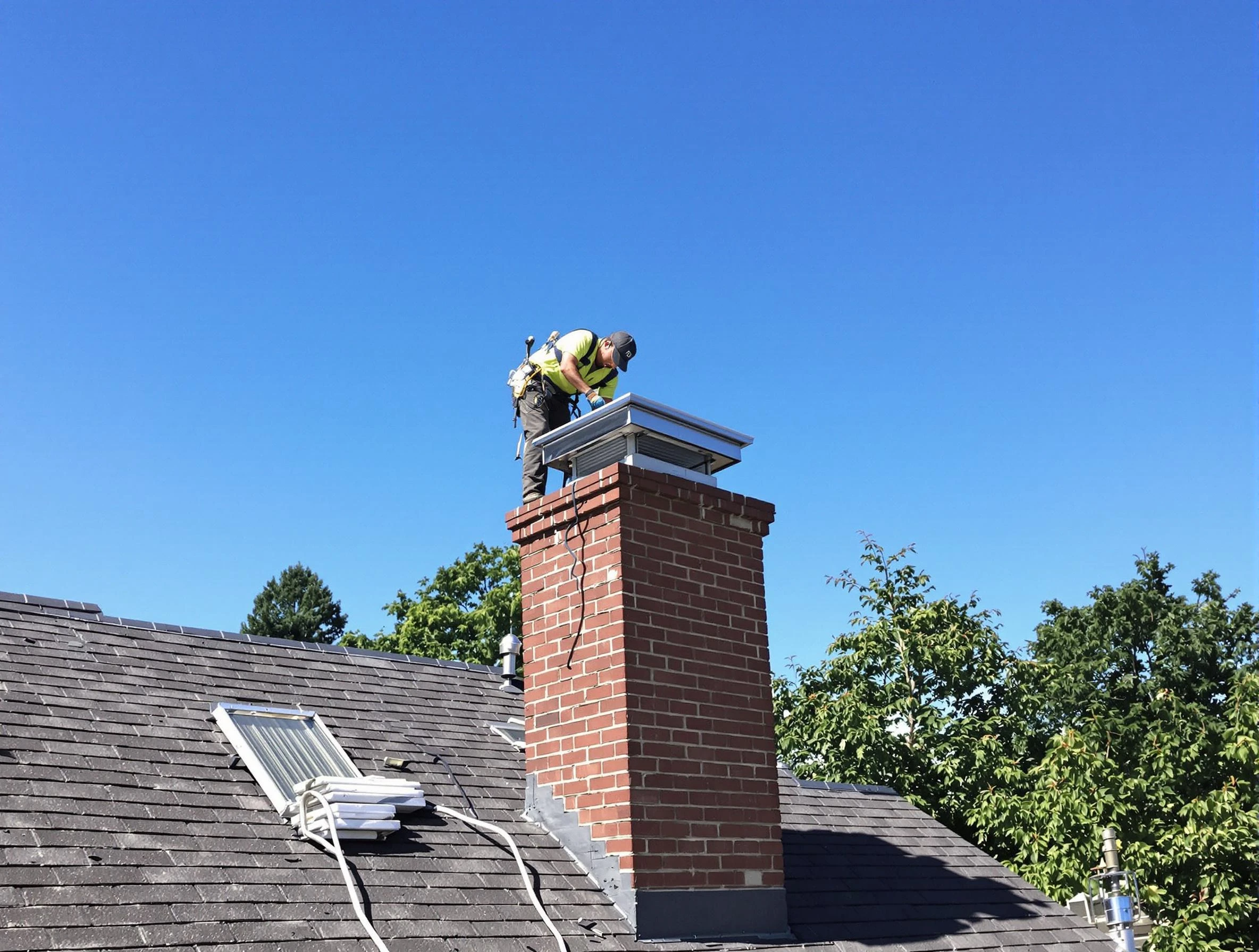 Queen Creek Chimney Sweep technician measuring a chimney cap in Queen Creek, AZ