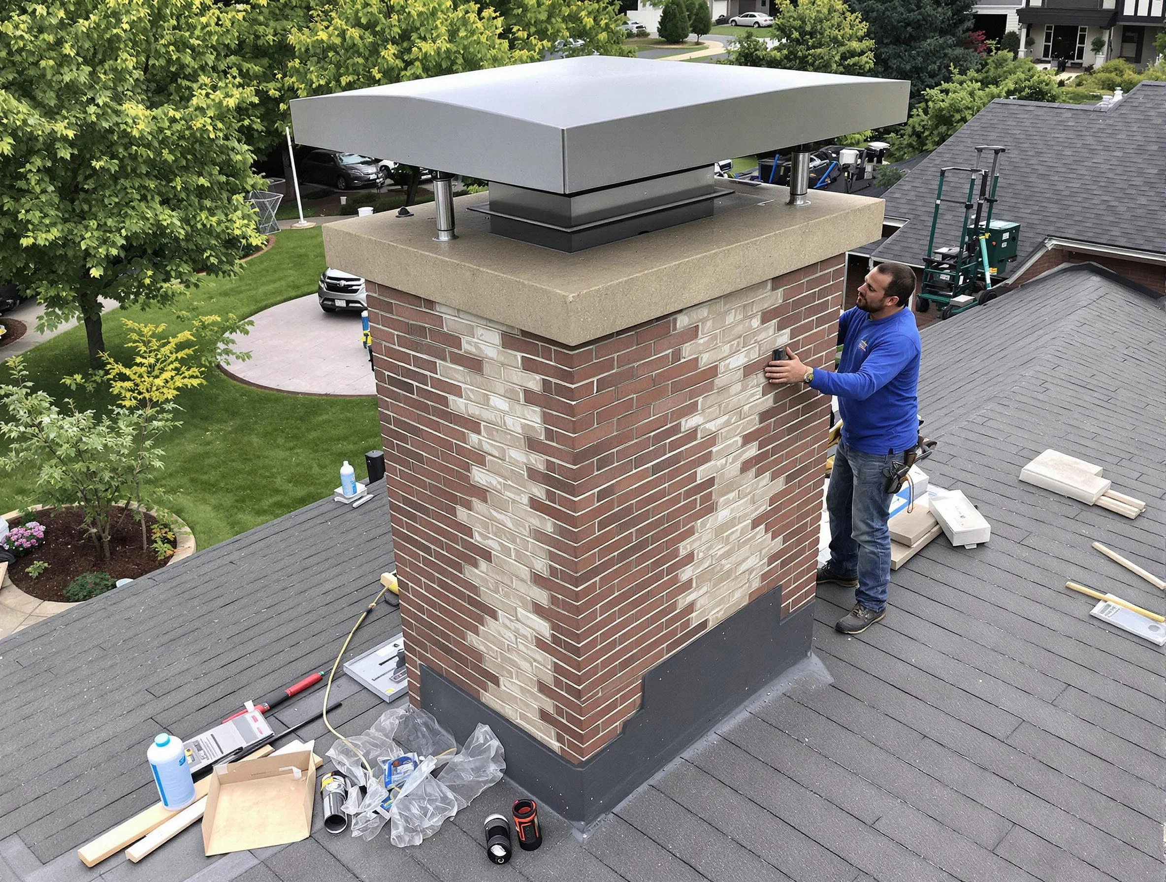 Queen Creek Chimney Sweep team working on a custom chimney remodel in Queen Creek, AZ